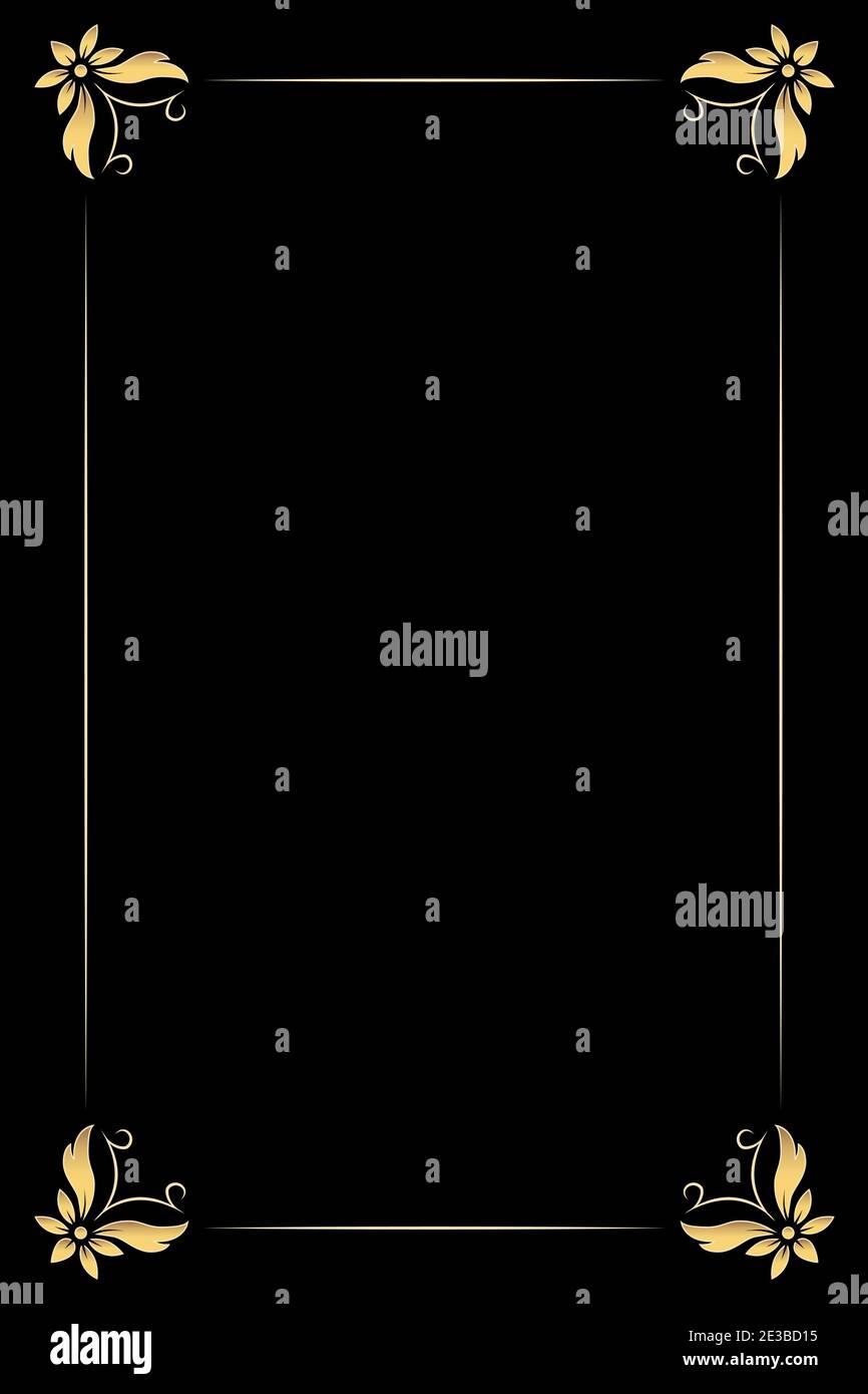 Goldren vintage vertical frame border on black background. Retro floral