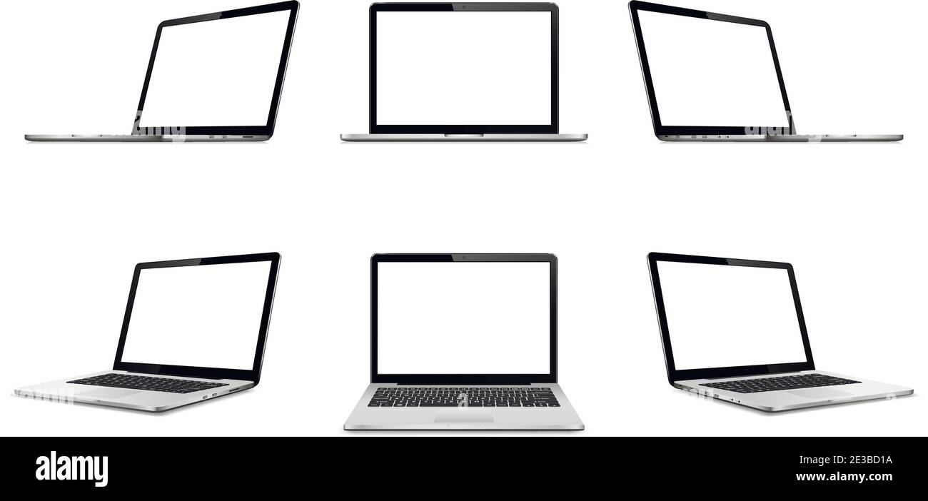 Laptop with blank empty screen on white background. Perspective, top and front laptop view with