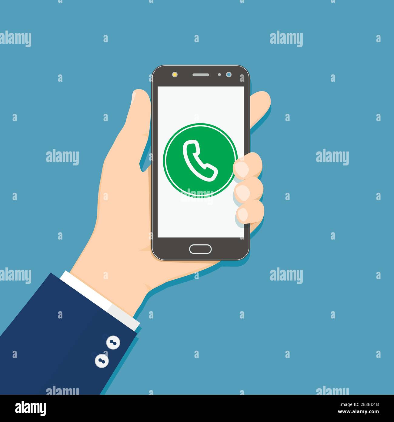 Phone call button on smartphone screen. Hand holding smartphone. Flat design vector illustration. Stock Vector