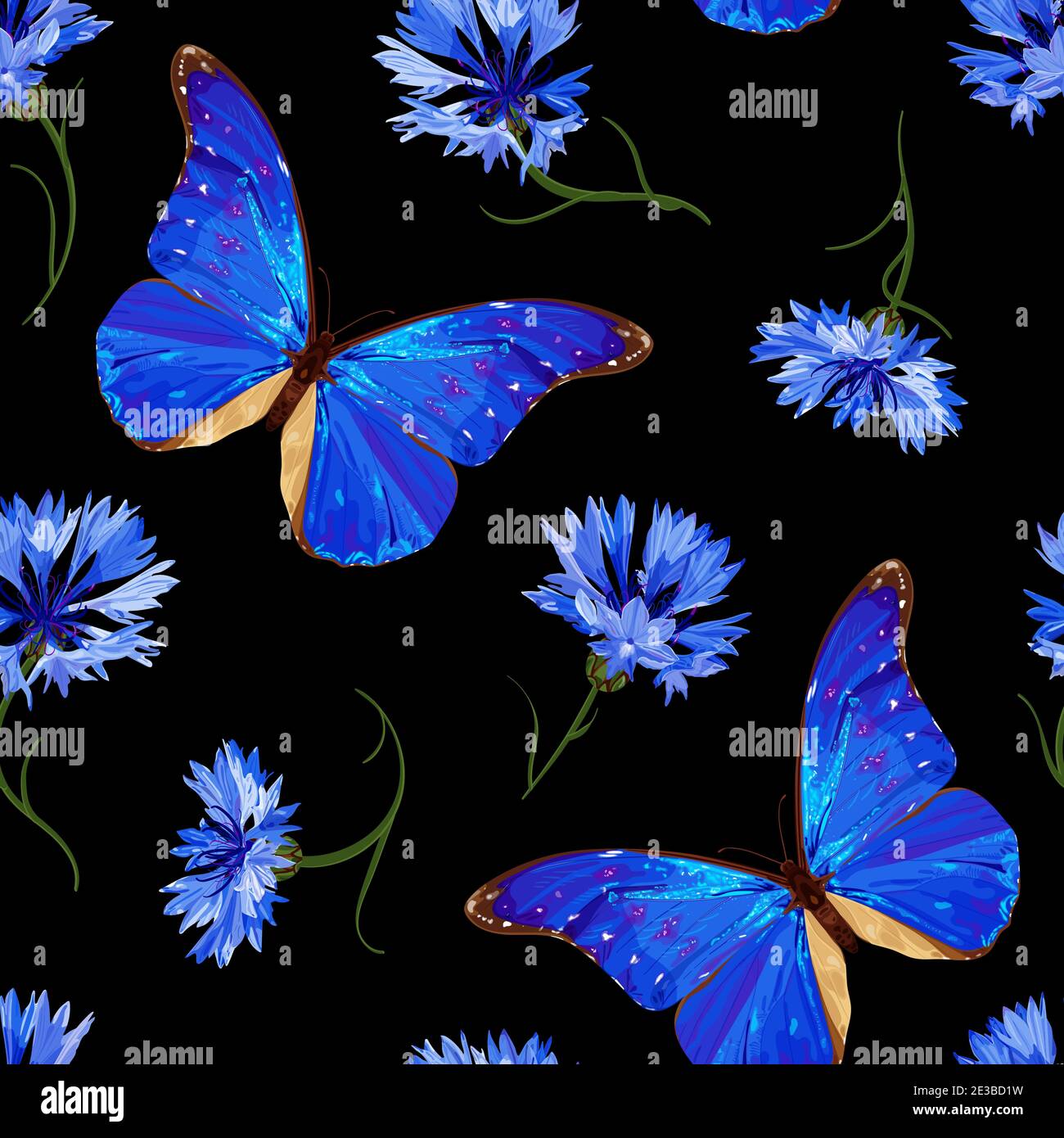 Cornflower and butterfly. Floral seamless pattern with neon blue butterfly and cornflowers on a black background. Stock vector illustration. Stock Vector