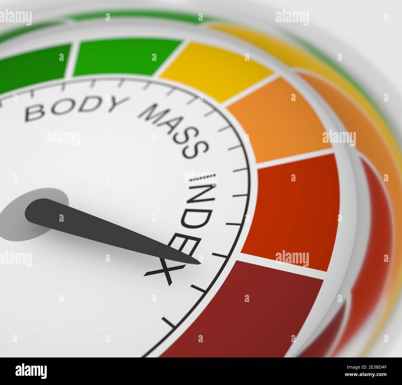 Body mass index meter read high level result. Color scale with arrow