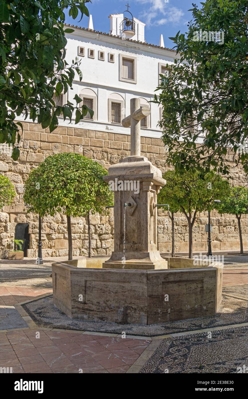 Plaza de la Iglesia, with fountain and cross, Old Town, Marbella, Andalucia, Spain Stock Photo