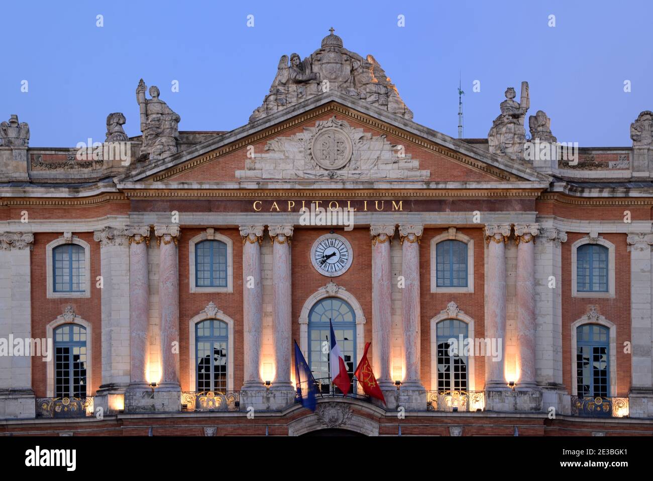 Capitolium, Capitole Building or Neoclassical Town Hall Lit at Night Toulouse France Stock Photo