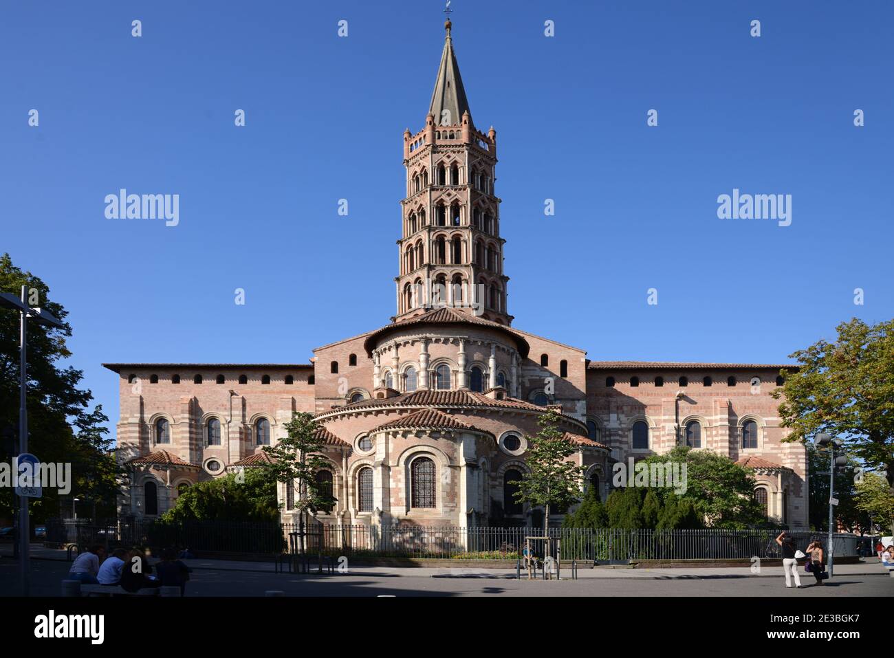 Apse & East Facade of the Romanesque Red Brick Basilica of Saint Sernin or Church & Belfry or Bell Tower Toulouse Haute-Garonne France Stock Photo