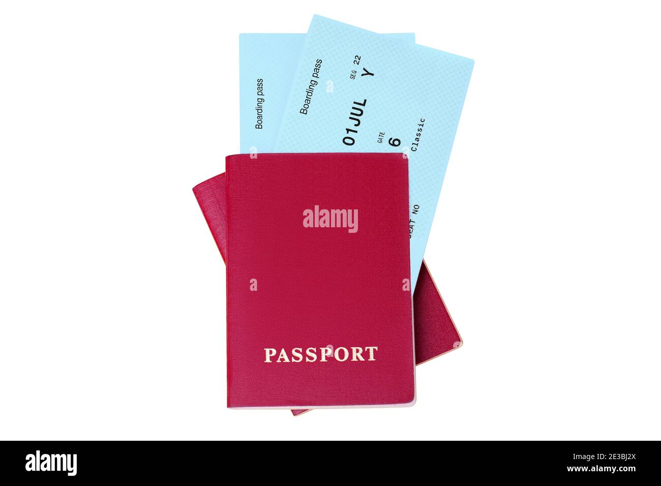 Two red passports, blue flight boarding pass, ticket white background
