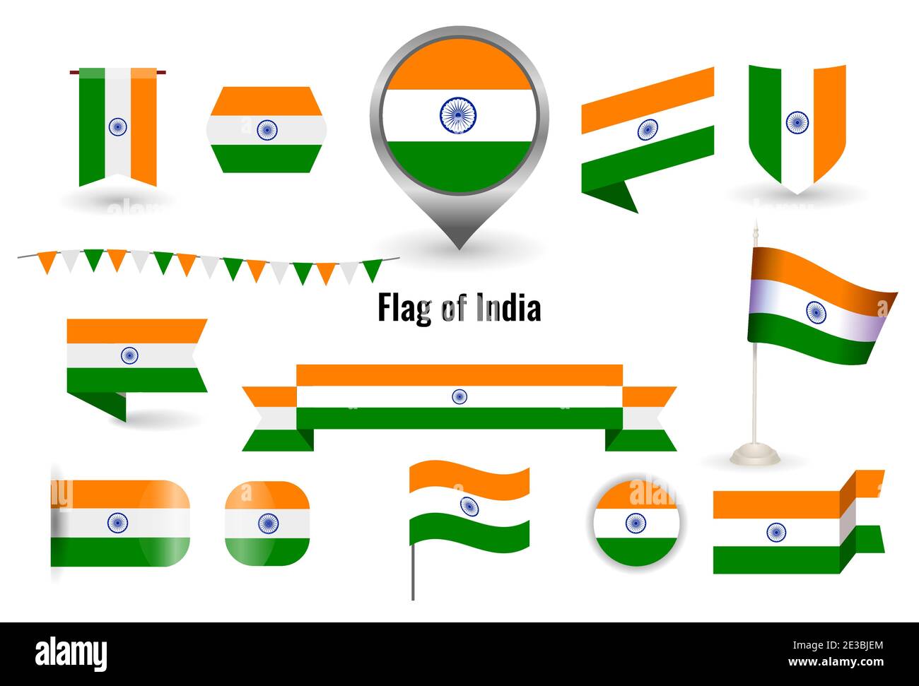 The Flag of India. Circle and square and round India flag. Big set of icons and symbols. Collection of different flags of horizontal and vertical. vec Stock Vector