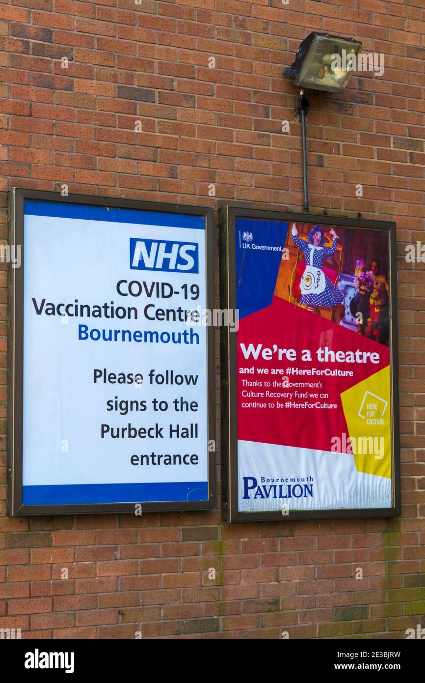 Bournemouth, Dorset UK. 18th January 2021. NHS Covid-19 vaccination centre opens at the BIC (Bournemouth International Centre) in Bournemouth, one of ten hubs in the country as the vaccination roll out programme expands accross the country.  All seems quiet from the outside with little sign of activity or people going in yet. Credit: Carolyn Jenkins/Alamy Live News Stock Photo