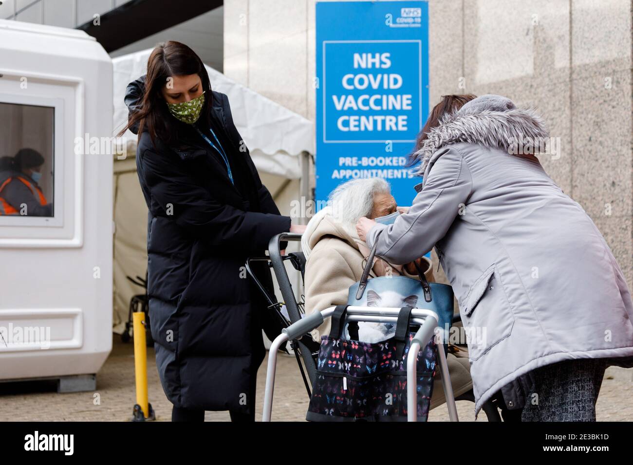 Wembley Park, UK. 18th January 2021.Mass Covid-19 NHS Vaccination Centre opens in Wembley Park. The large-scale site is one of ten hubs in the UK as the vaccination roll out programme expands across the country. The new vaccination centres will each be capable of delivering thousands of vaccinations each week, scaling their operations up and down according to vaccine supplies and demand. Amanda Rose/Alamy Live News Stock Photo