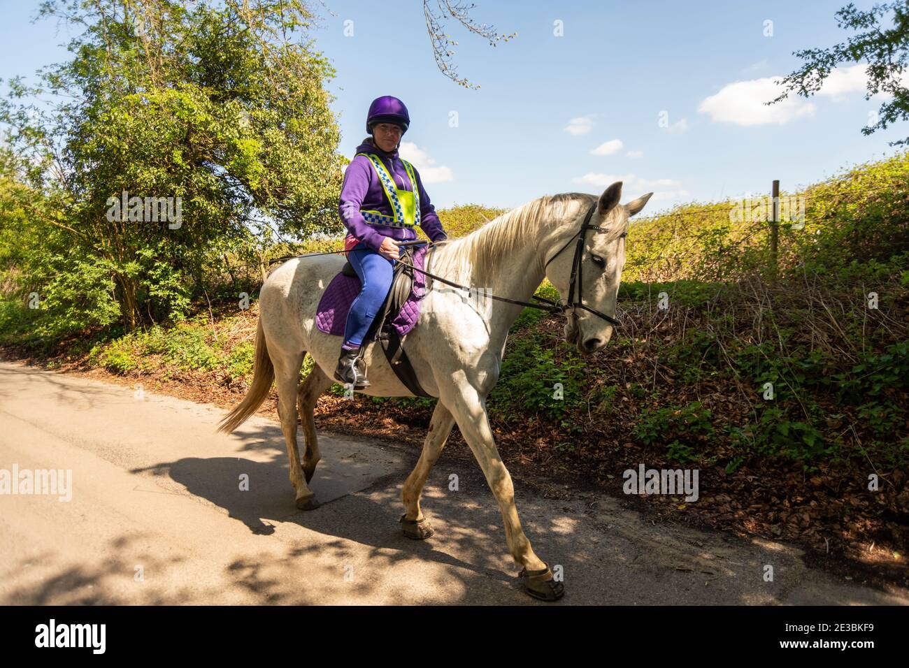 Female horse rider hacking out on a country lane Stock Photo