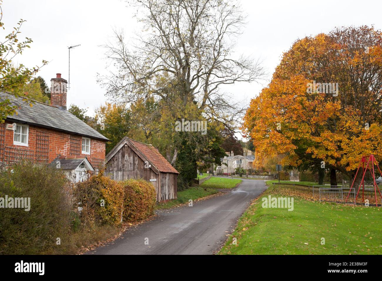 A quiet country lane in the village of Dinton in Wiltshire. Stock Photo