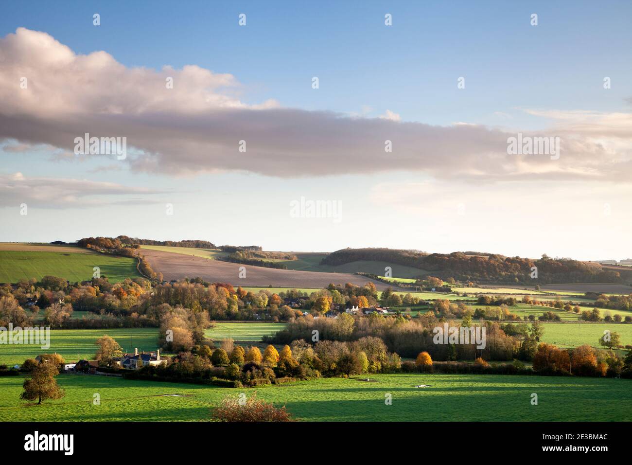 An autumn view of the Wylye Valley in Wiltshire, including the village of Upton Lovell. Stock Photo