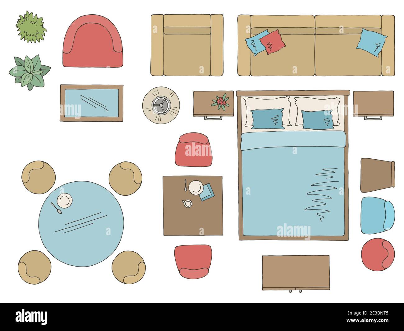 Furniture set floor plan architect design element graphic color top sketch aerial view isolated illustration vector Stock Vector