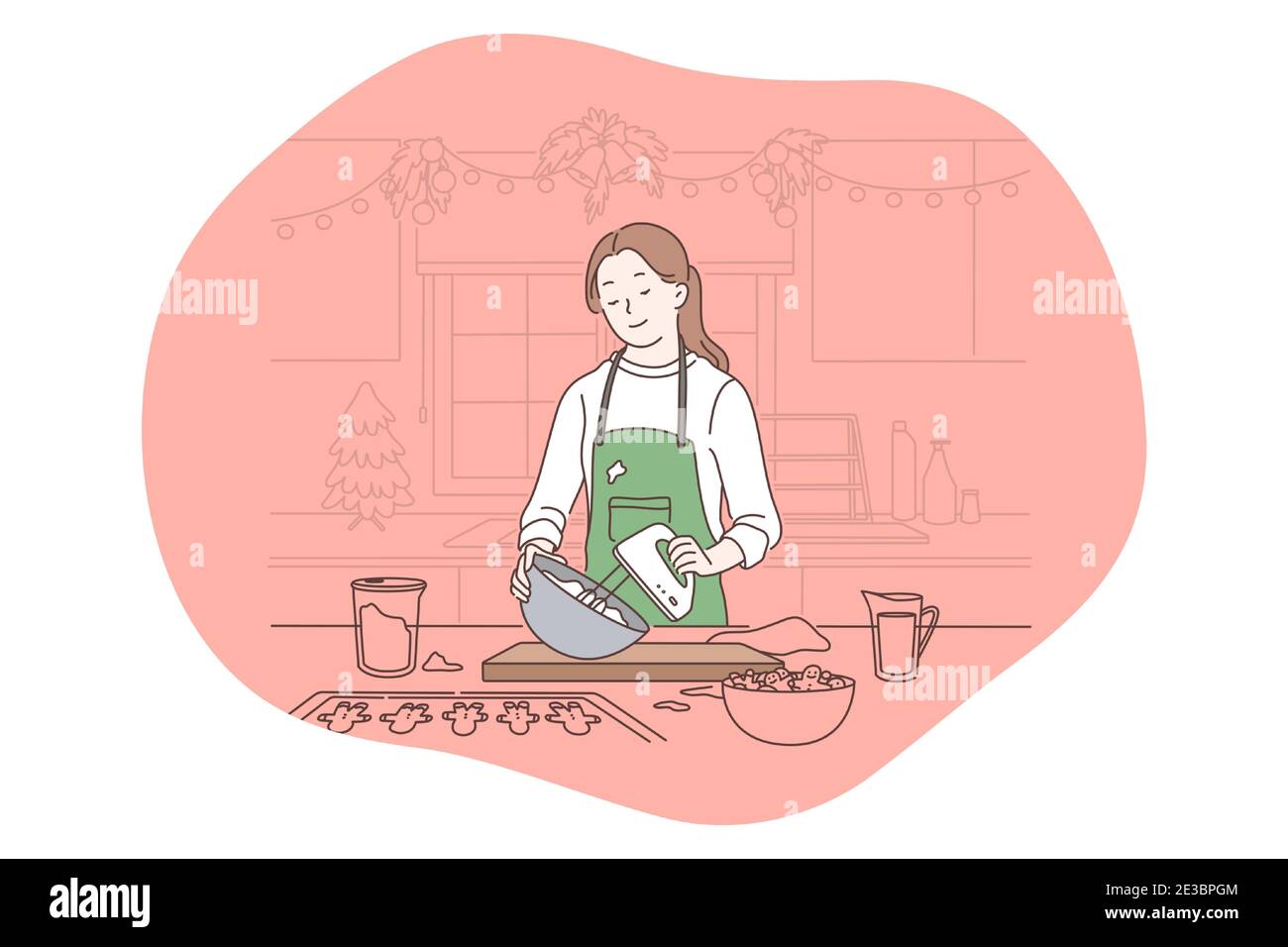 Cooking, baking, recipe concept. Young smiling woman cartoon character
