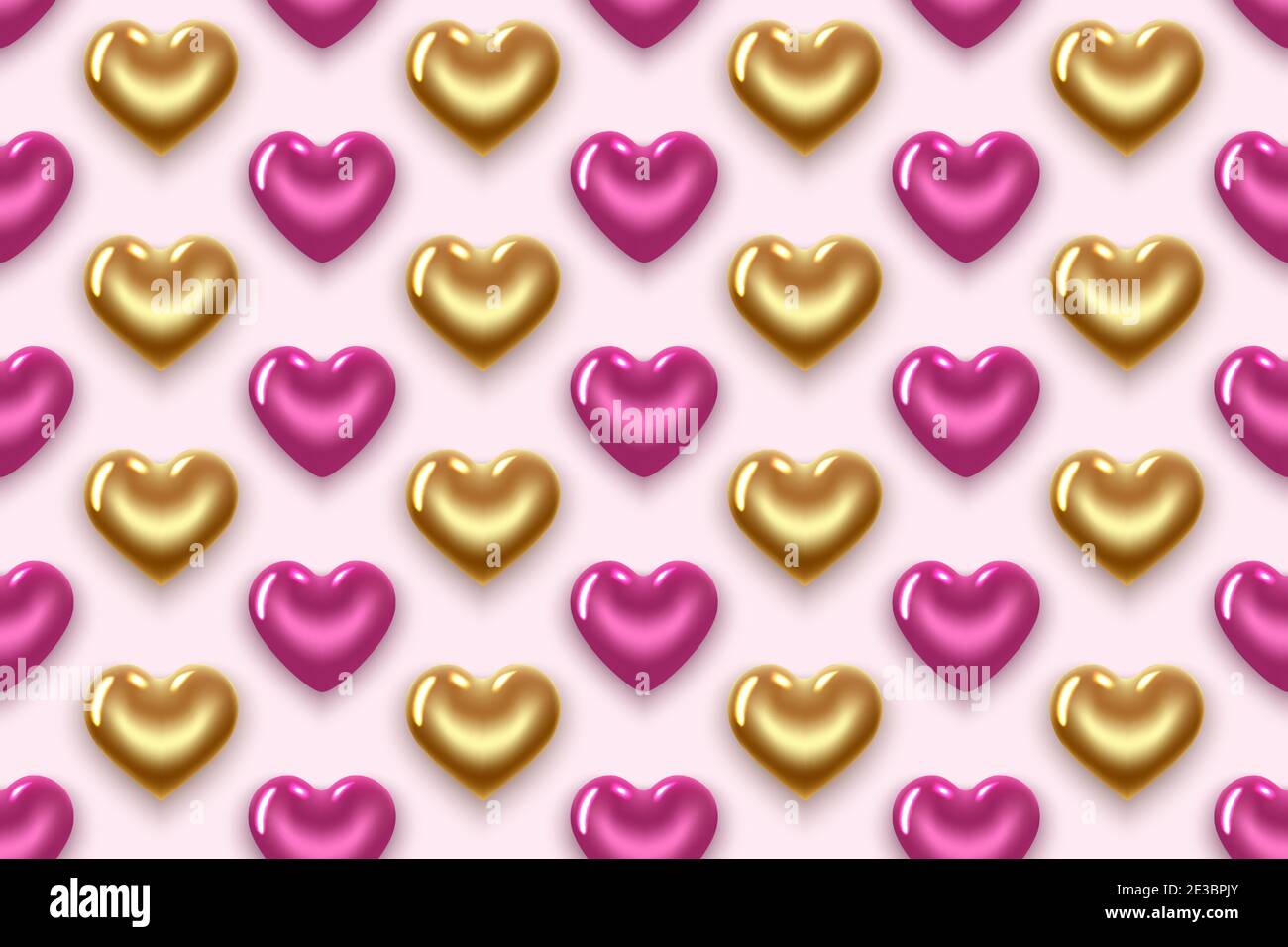 Seamless pattern with gold and purple hearts. For Valentine's Day, Women's Day, Birthday. Realistic 3D illustration. On a pink background. Vector. Stock Vector