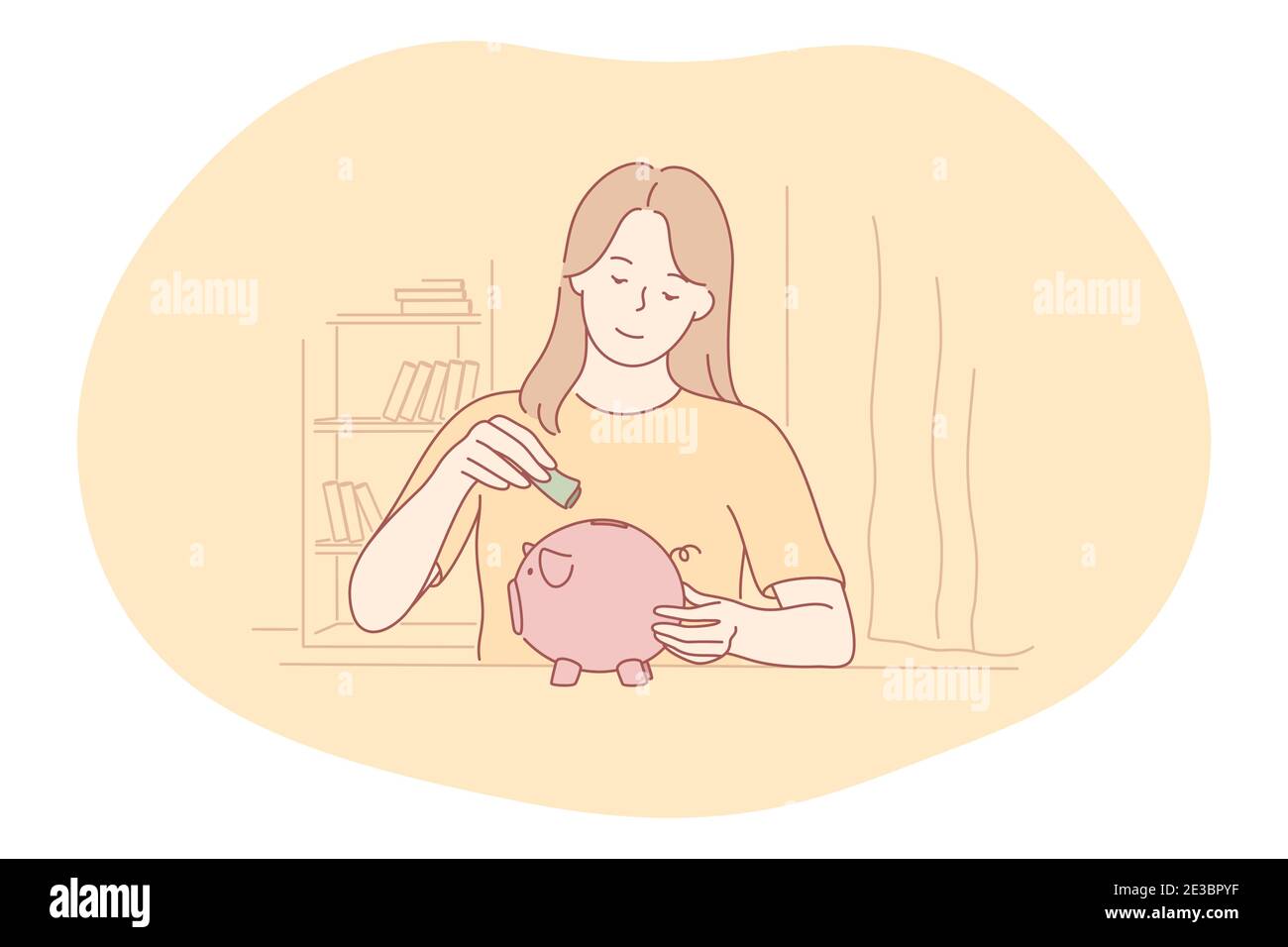 Cartoon Saveing Saving money, piggybank, budget concept. Young positive woman cartoon ...