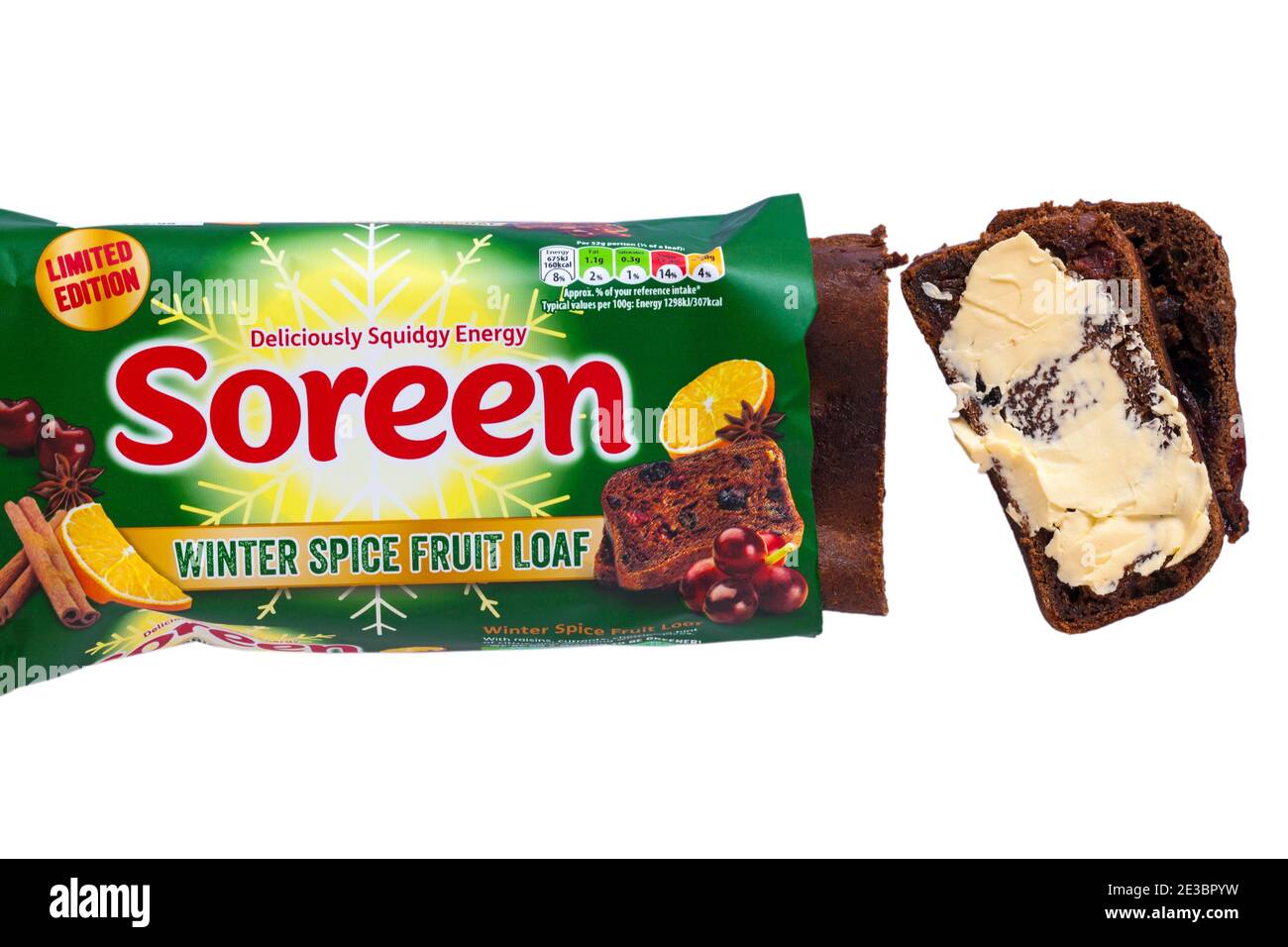 Soreen Winter Spice Fruit Loaf limited edition deliciously squidgy energy opened to show contents with slices cut and buttered set on white background Stock Photo