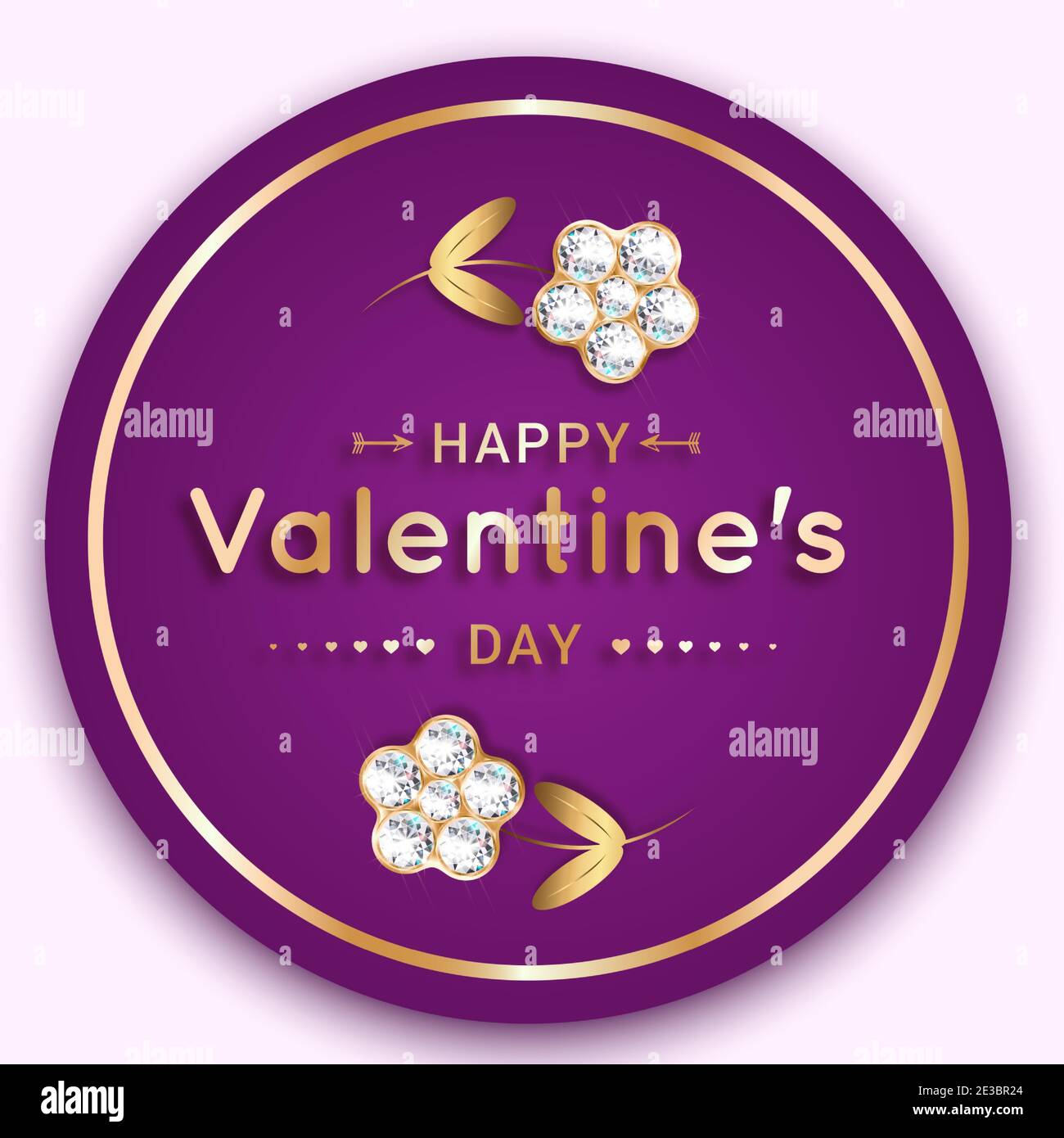Round banner with a flower of diamonds. Greeting card for Valentine s Day. On a purple background. 3D realistic. Vector. Stock Vector