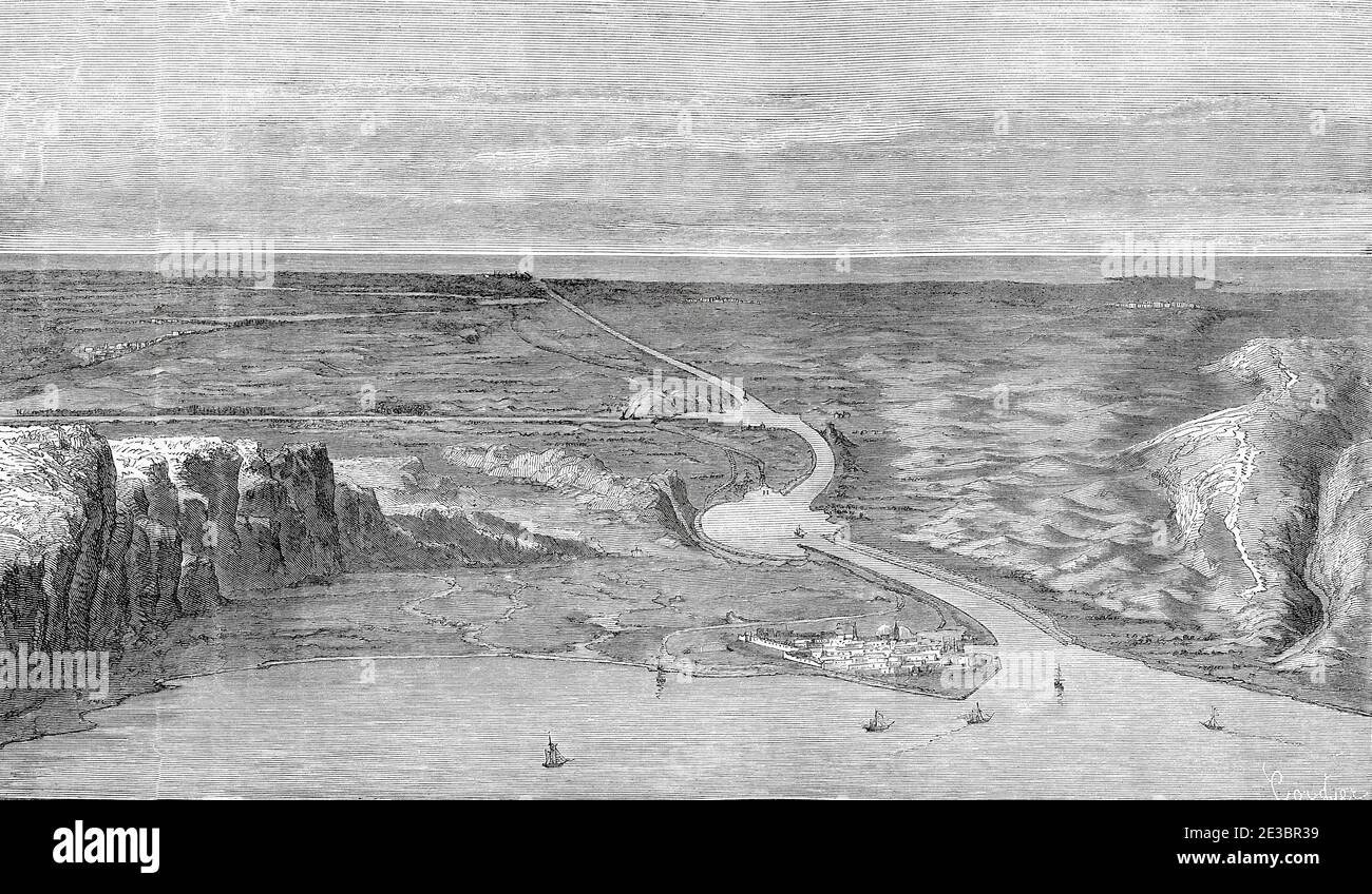 Panoramic overview of the Suez Isthmus, Egypt. Old engraving illustration Prince of Wales Albert Edward tour of India. El Mundo en la Mano 1878 Stock Photo