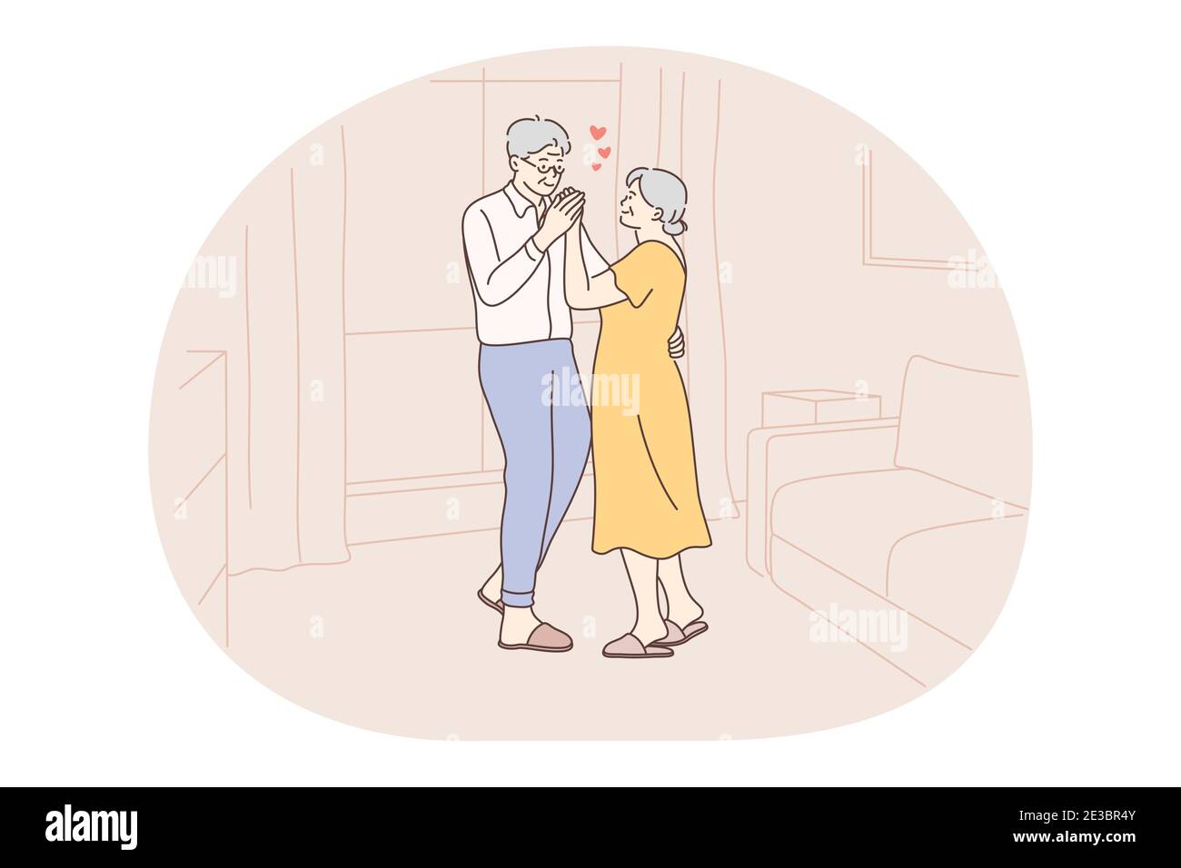 Senior elderly couple living happy active lifestyle concept. Mature aged couple pensioners woman and man standing hugging and feeling love to each oth Stock Vector