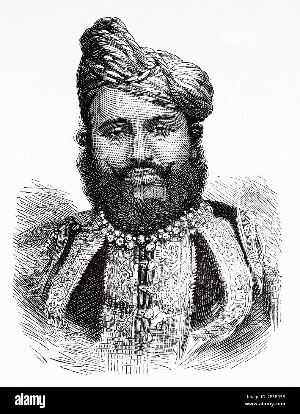 Portrait of Mohubut Khanjee Nawab of Junagarh or Junagadh, state of Gujarat in India. Old engraving illustration Prince of Wales Albert Edward tour of India. El Mundo en la Mano 1878 Stock Photo