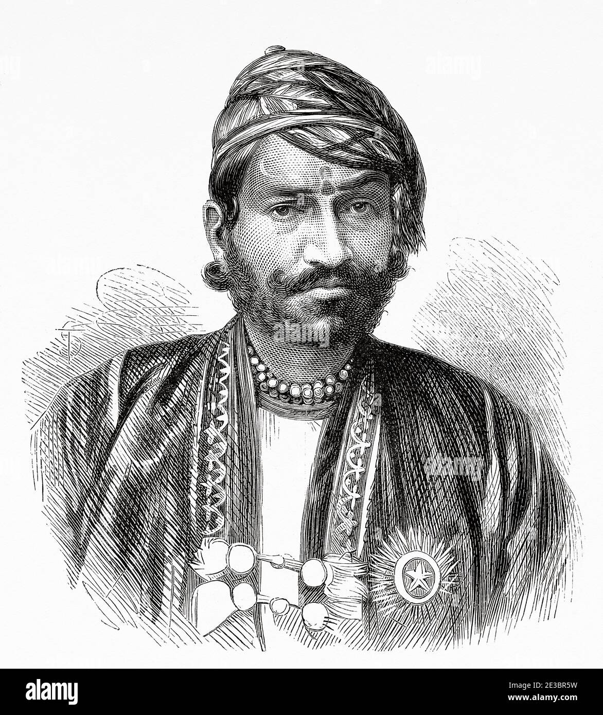 Portrait of Maharajah Sawai Ram Singh II, Maharajah of Jaipur, India. Old engraving illustration Prince of Wales Albert Edward tour of India. El Mundo en la Mano 1878 Stock Photo