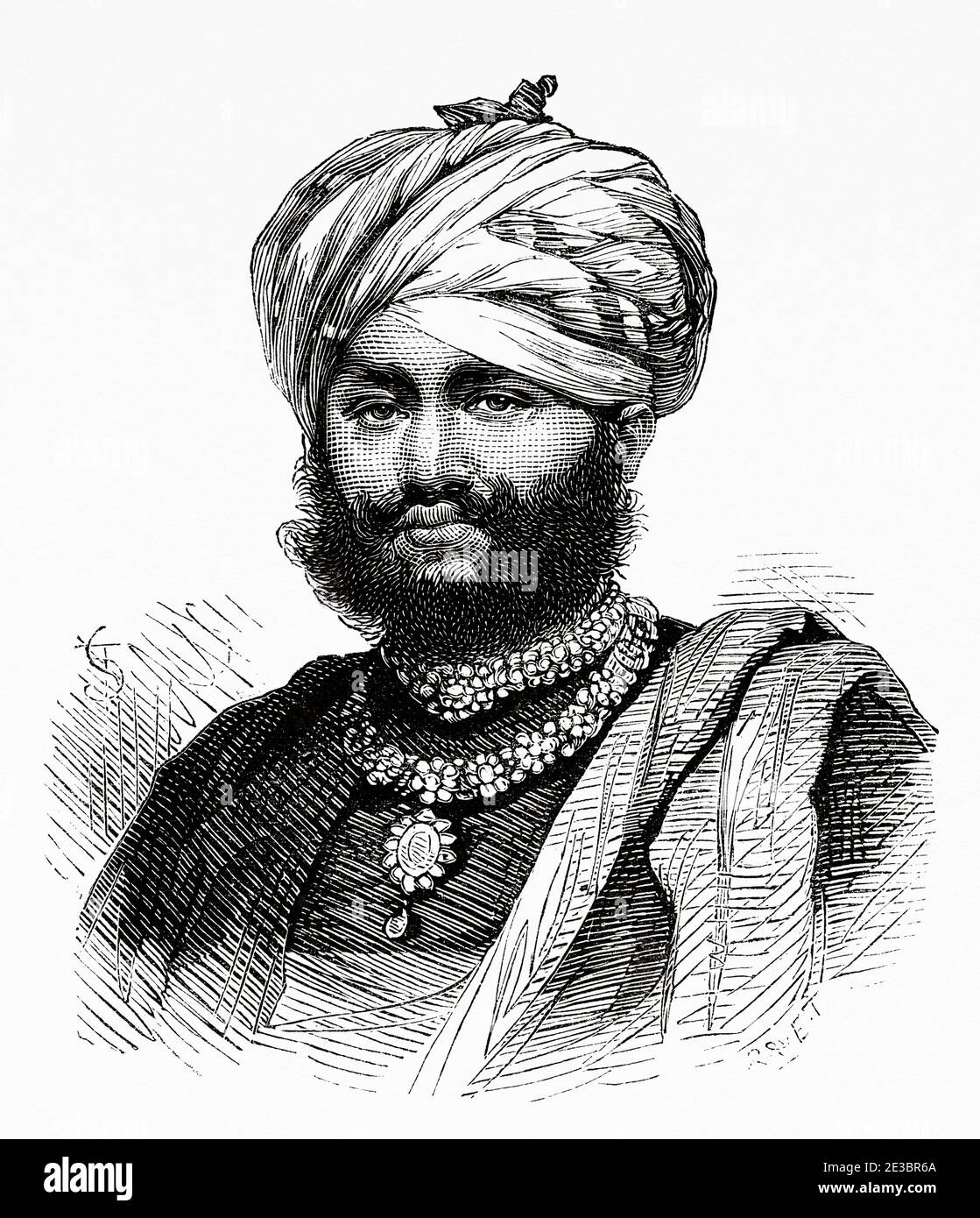 Portrait of Maharao Pragmalji II, India. Old engraving illustration Prince of Wales Albert Edward tour of India. El Mundo en la Mano 1878 Stock Photo