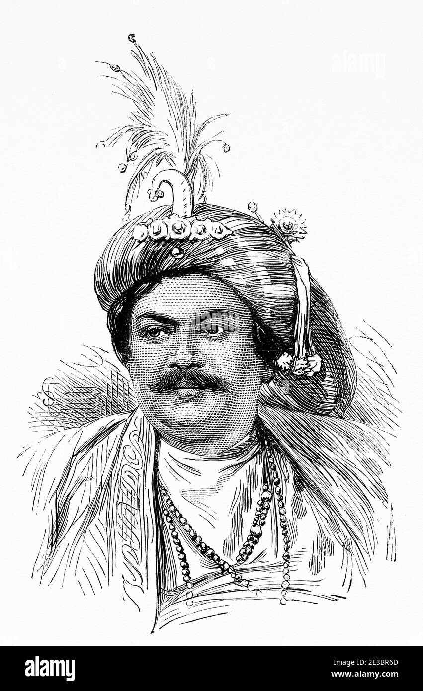 Portrait of Rajah Harendra Krishna, India. Old engraving illustration Prince of Wales Albert Edward tour of India. El Mundo en la Mano 1878 Stock Photo