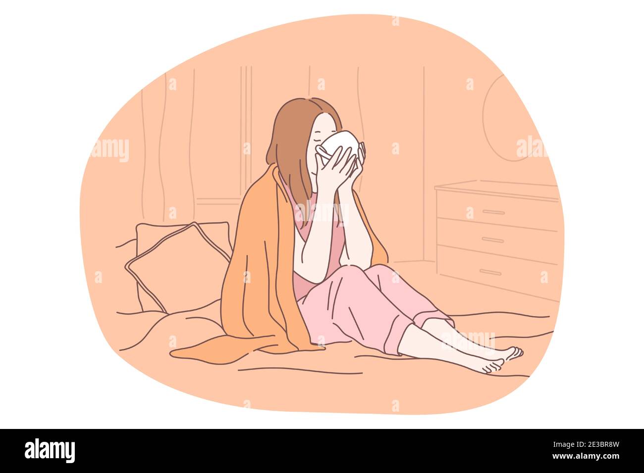 Cold, flu, feeling ill and infection concept. Unhappy young girl cartoon  character staying in bed feeling sick, drinking hot tea or medicine at home  Stock Vector Image & Art - Alamy