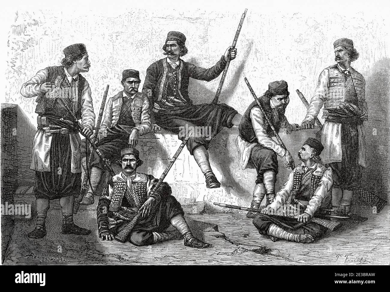 The Krivoscni, mountaineers of Bay of Kotor (Boka Kotorska), Montenegro. Europe. Old engraving illustration Trip to Istria & Dalmatia 1874 by Charles Yriarte Stock Photo