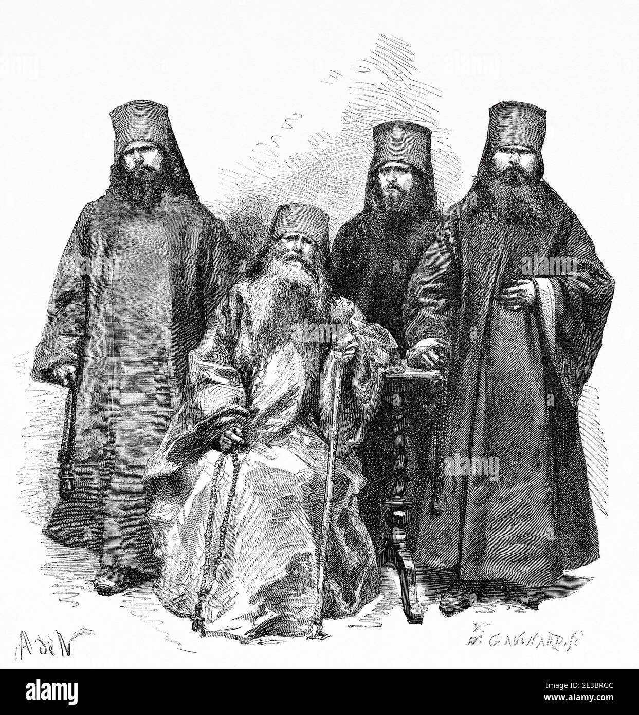 Filaret Drozdov and his three sons. Metropolitan of Moscow, the most influential figure in the Russian Orthodox Church, Russia. Old engraving illustration, Travel to Free Russia 1869 by William Hepworth Dixon Stock Photo