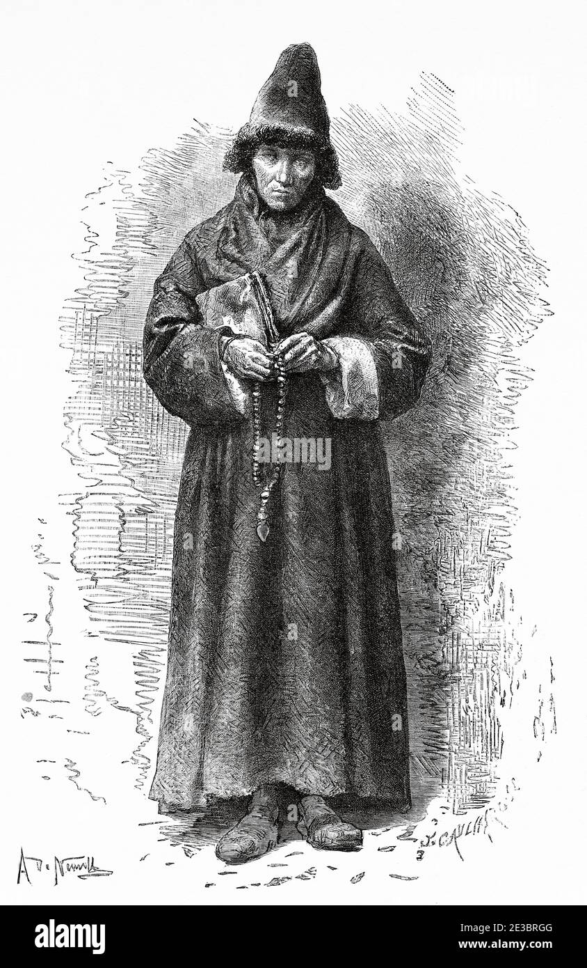 Devout old man, Russia. Old engraving illustration, Travel to Free Russia 1869 by William Hepworth Dixon Stock Photo