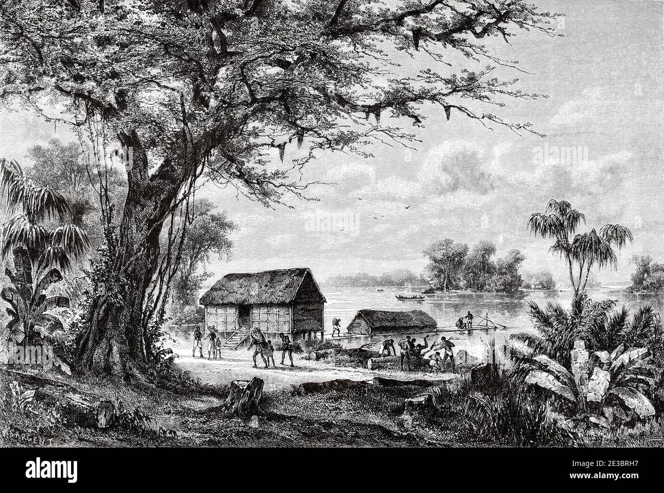 Panoramic overview of cabins and inhabitants on the island of Borneo, Indonesia, Asia. Old engraving illustration, The Malay Archipelago by Alfred Russell Wallace Stock Photo