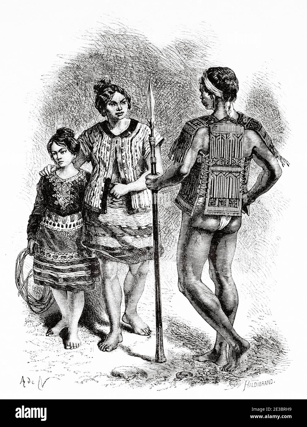 Dayak family, dyak or dayacos, ethnic group of indigenous people from the south and west of the Island of Borneo, Indonesia, Asia. Old engraving illustration, The Malay Archipelago by Alfred Russell Wallace Stock Photo
