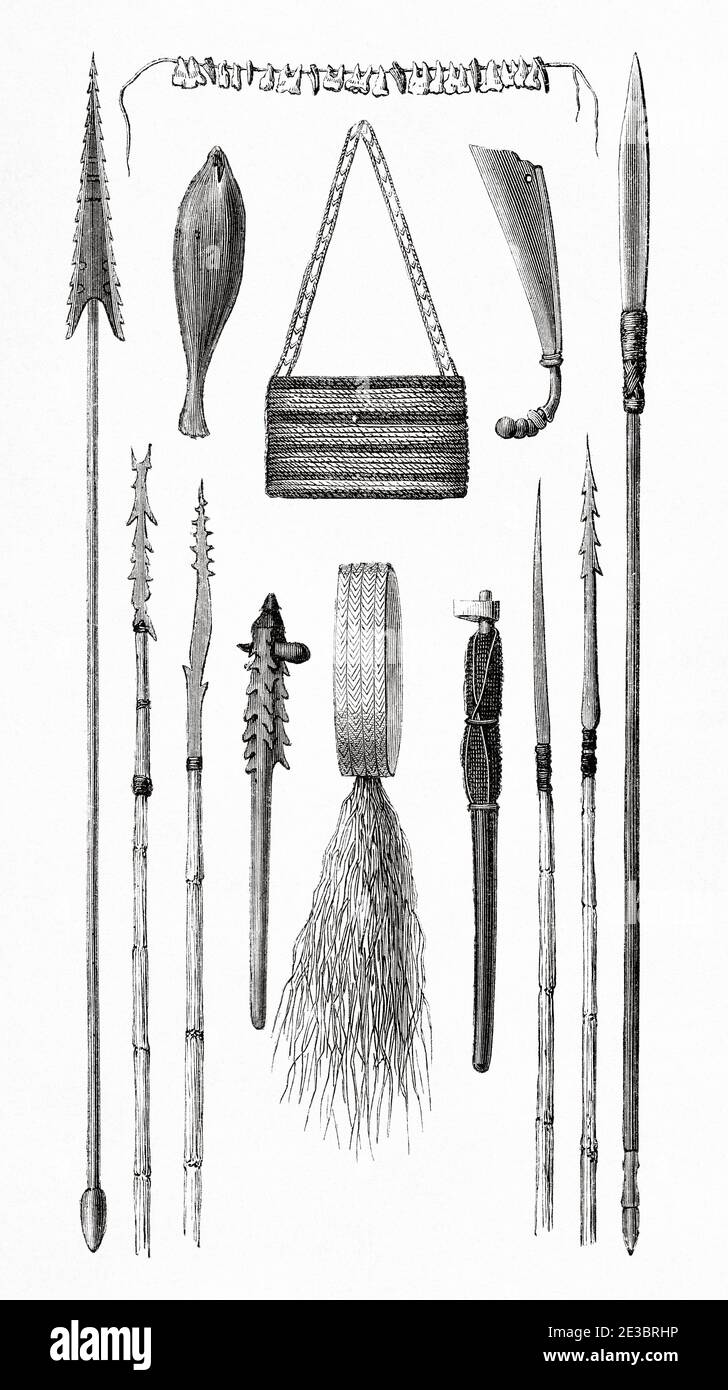 Timorese weapons and tools, Timor island, Indonesia, Asia. Old engraving illustration, The Malay Archipelago by Alfred Russell Wallace Stock Photo