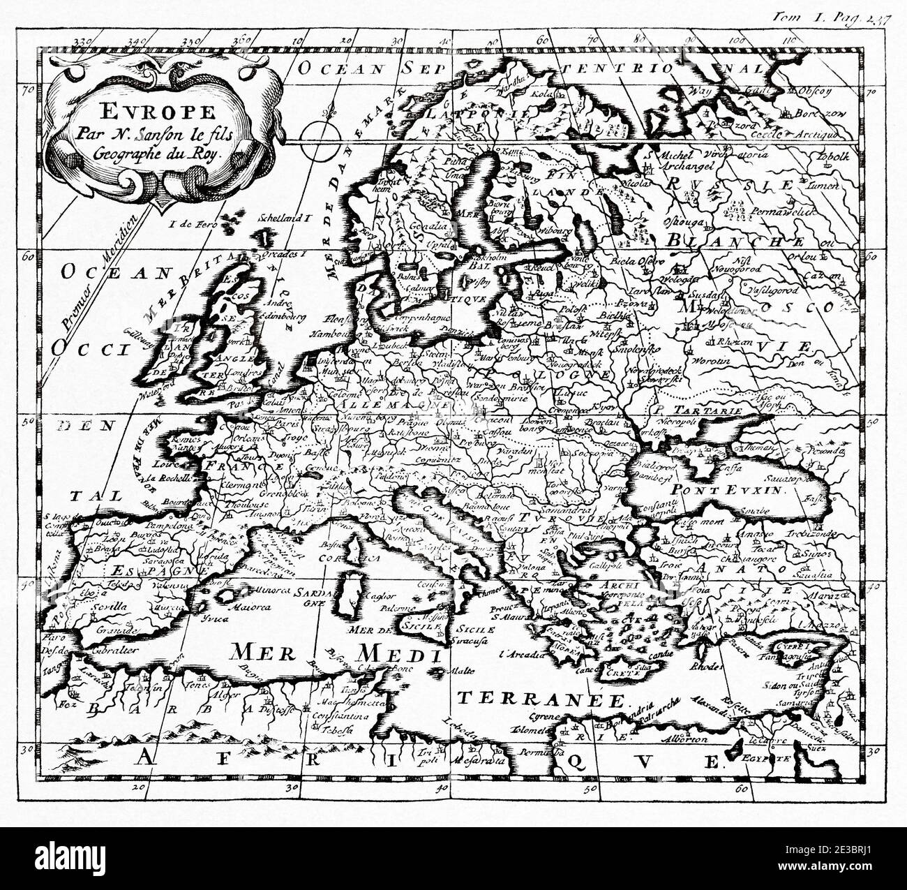 Old map of Europe of 1660. Europe par N. Sanson le fils Geographe du Roy Stock Photo