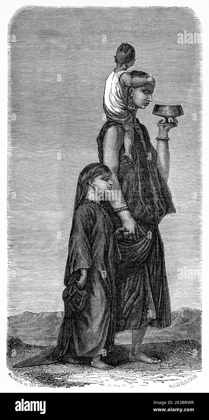 Egyptian woman with her children, Egypt, Africa. Old 19th century engraved illustration, Le Tour du Monde 1863 Stock Photo