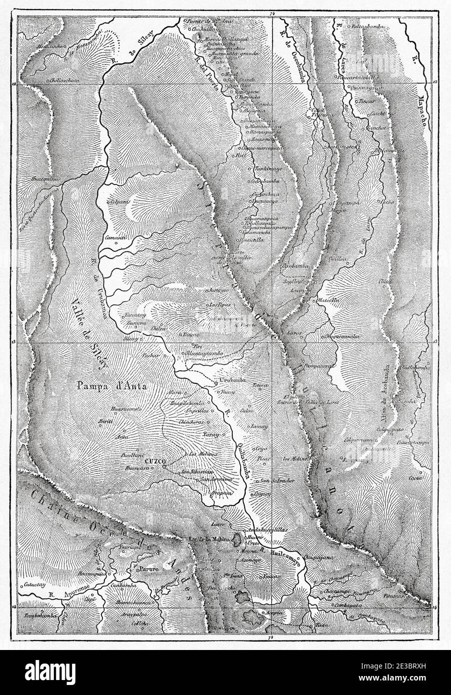 Map of the Peruvian district of Acopía, province of Acomayo, Department of Cusco. Andes mountain range Peru, South America. Old 19th century engraved illustration, Le Tour du Monde 1863 Stock Photo