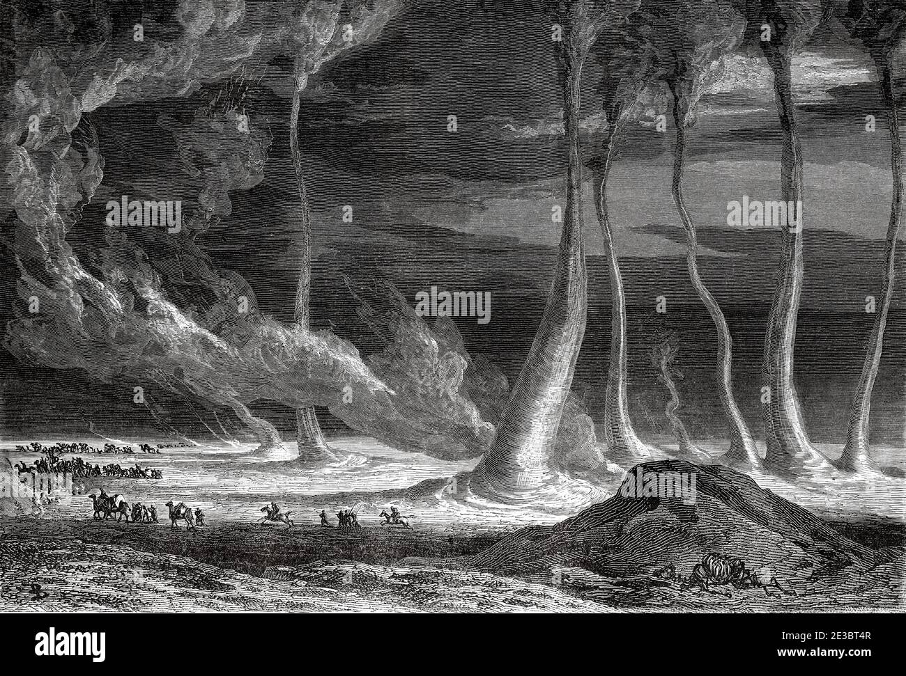 Sand vortices in central Asian steppe. Old 19th century engraved illustration, Le Tour du Monde 1863 Stock Photo