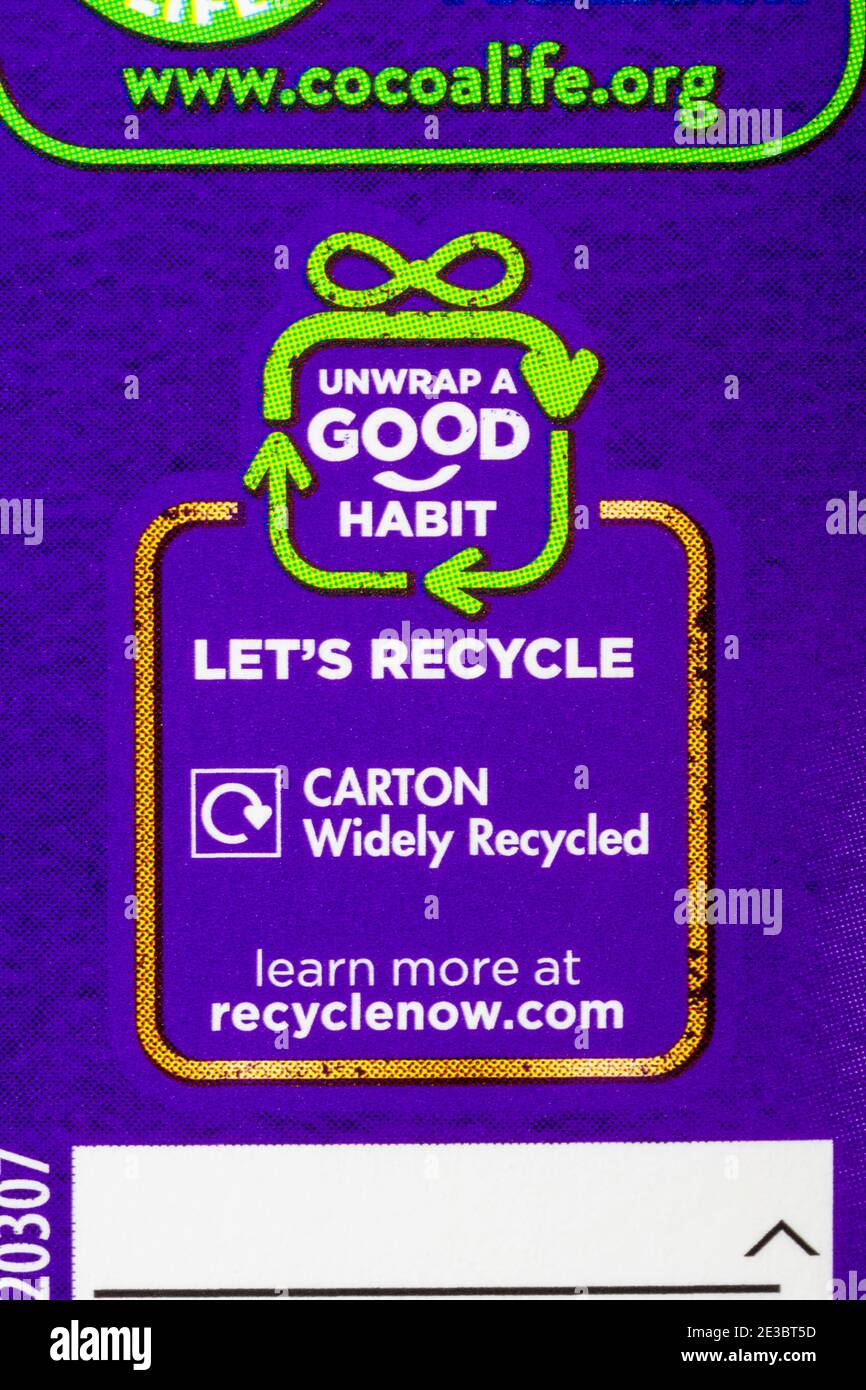 unwrap a good habit let's recycle - detail on box of Cadbury Heroes chocolates - carton widely recycled Stock Photo