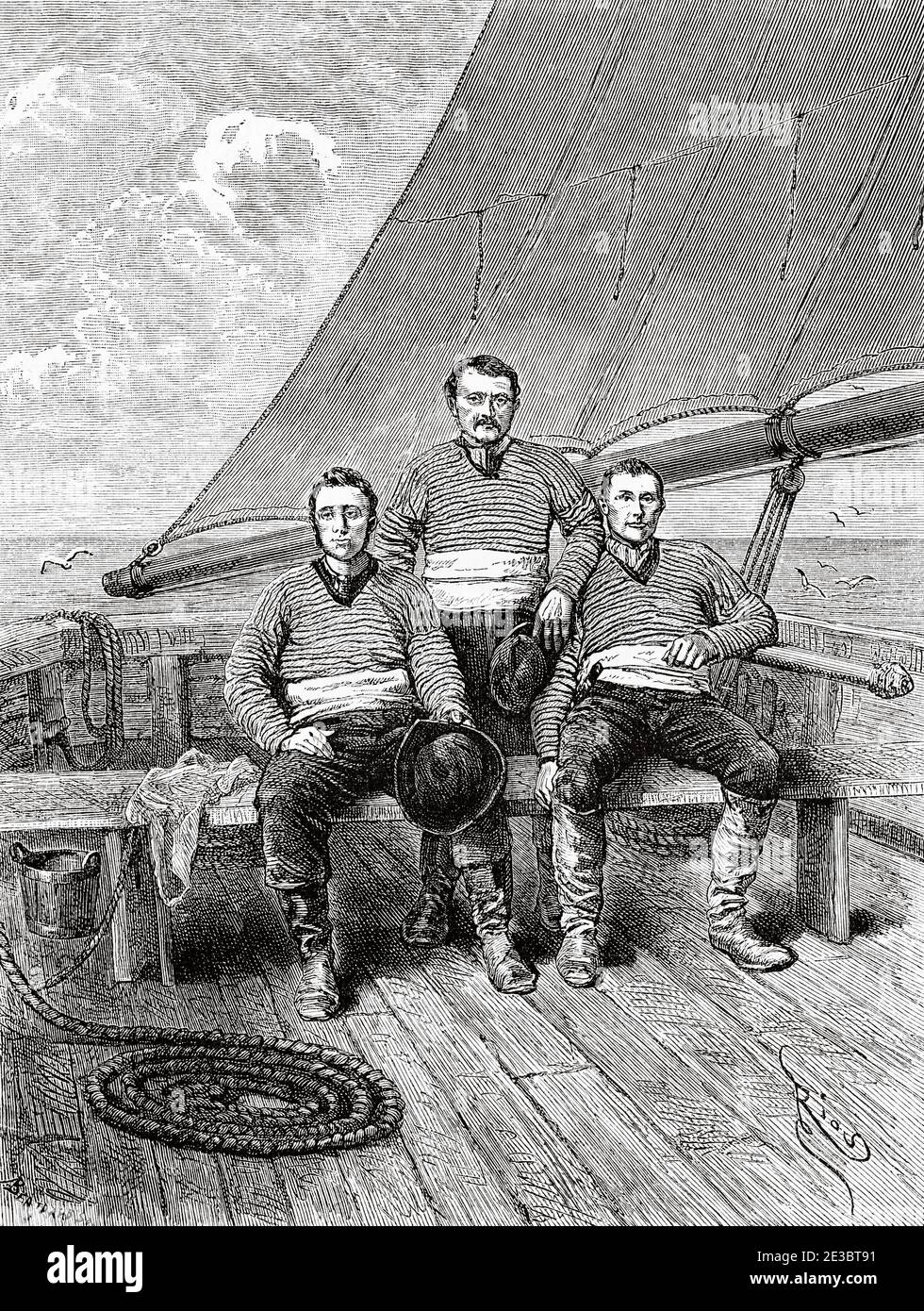 Crew of the expedition ship. Arctic Ocean, Russia. Europe, 19th century Old engraving illustration trip to the North Pole, from Novaya Zemlya to Yenisei river by Adolf Erik Nordenskiold 1875 Stock Photo