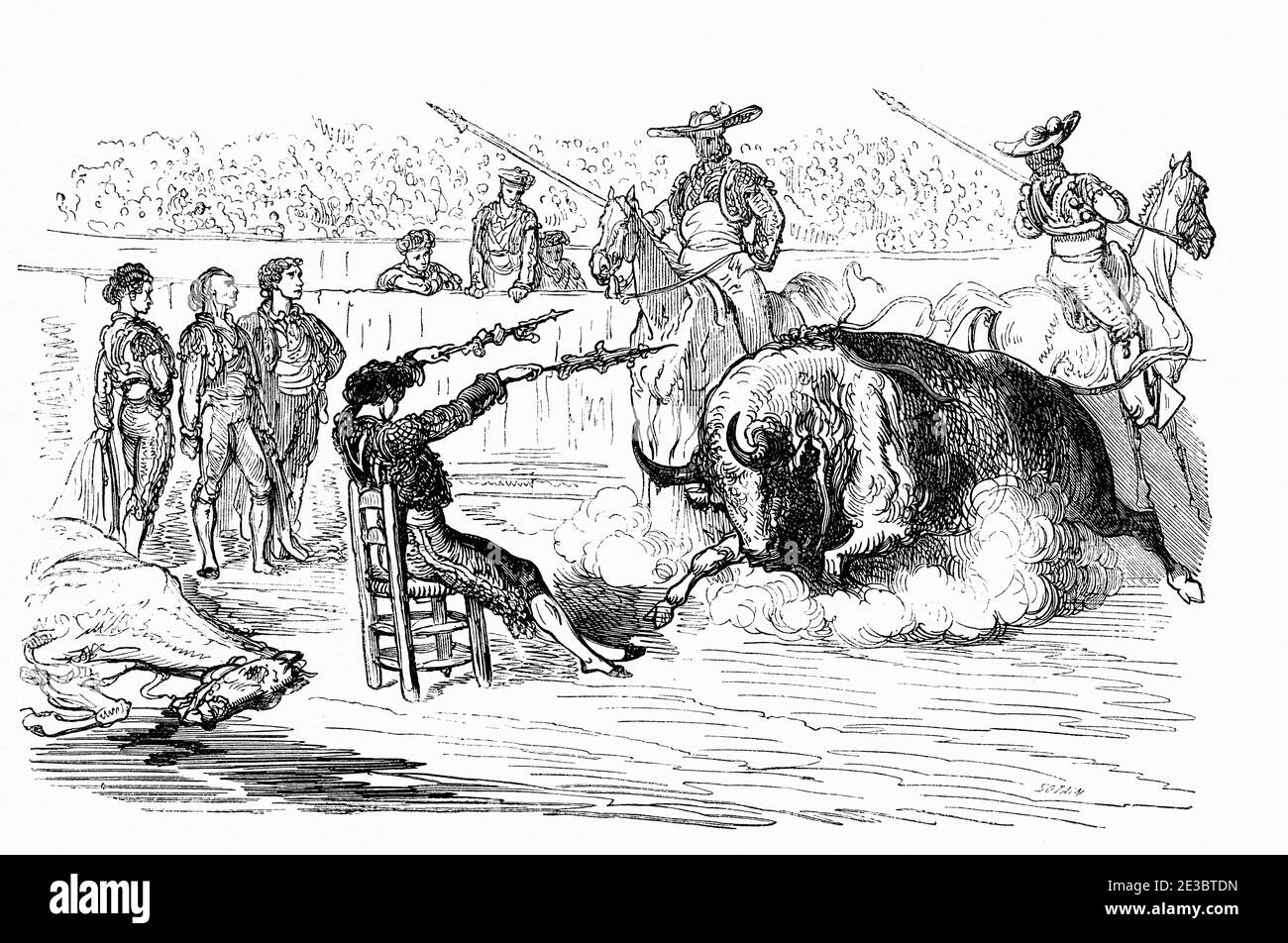 Spanish bullfighter putting sticks banderillas seated in a chair, bullring of Seville, Andalusia, Spain, Europe. Old 19th century engraved illustration, El Mundo en la Mano 1878 Stock Photo