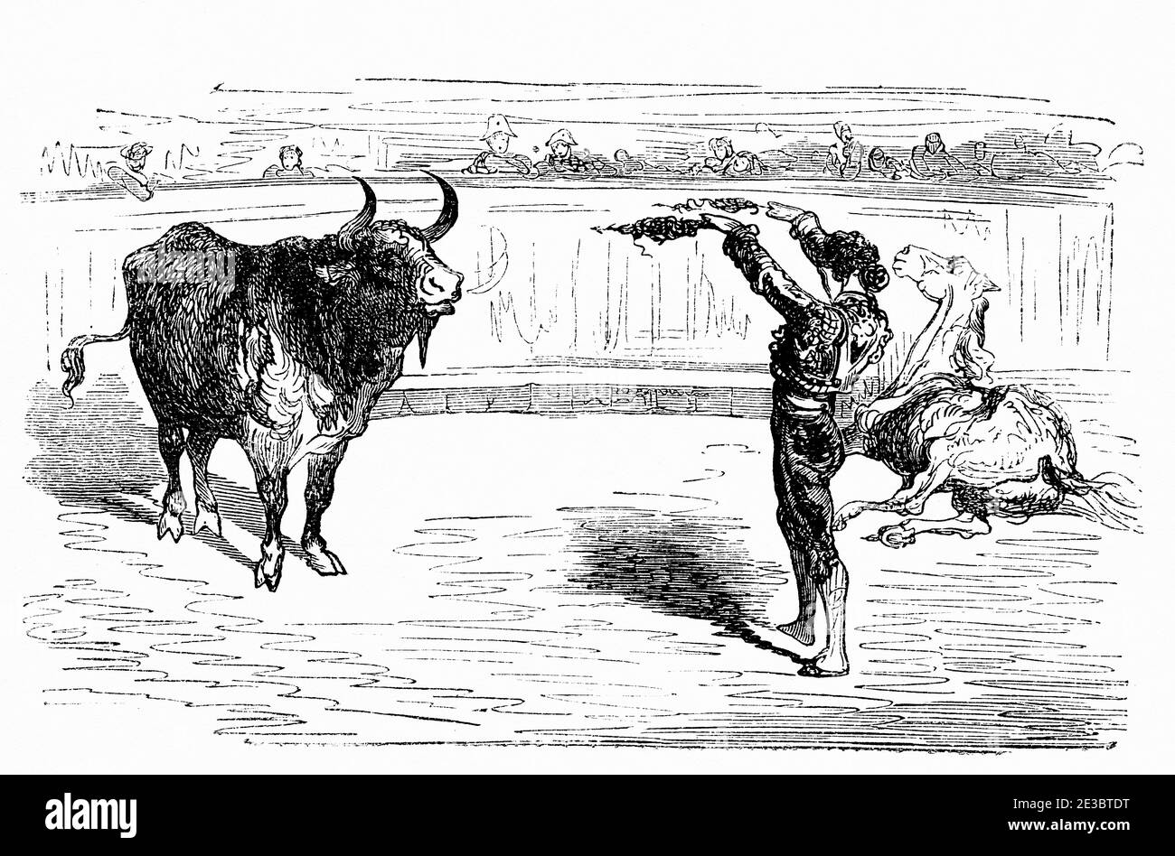 Spanish bullfighter putting sticks banderillas, bullring of Seville, Andalusia, Spain, Europe. Old 19th century engraved illustration, El Mundo en la Mano 1878 Stock Photo