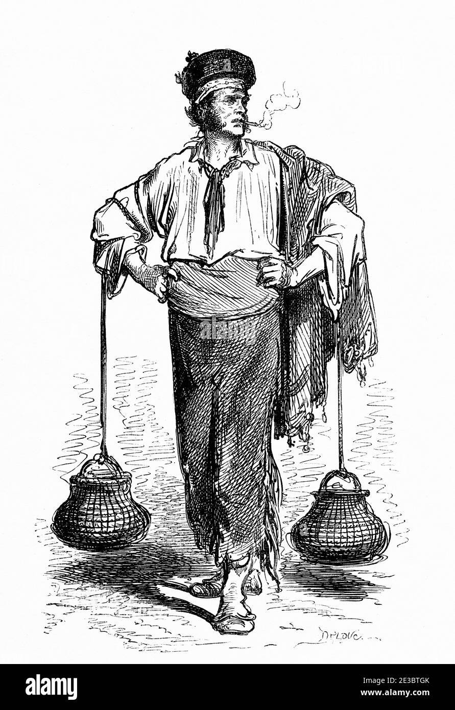 Cenachero, seller of anchovy fish. Typical character in traditional clothing, Malaga. Andalusia, Spain, Europe. Old 19th century engraved illustration, El Mundo en la Mano 1878 Stock Photo
