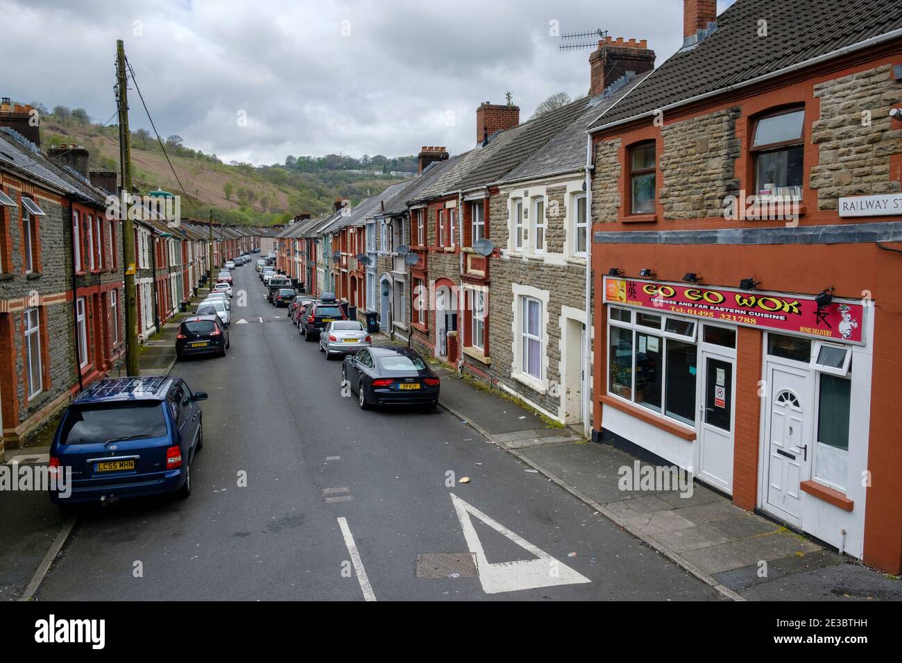 A terraced street typical of the former mining communities in the Welsh Valleys - Railway Street, Llanhilleth Stock Photo