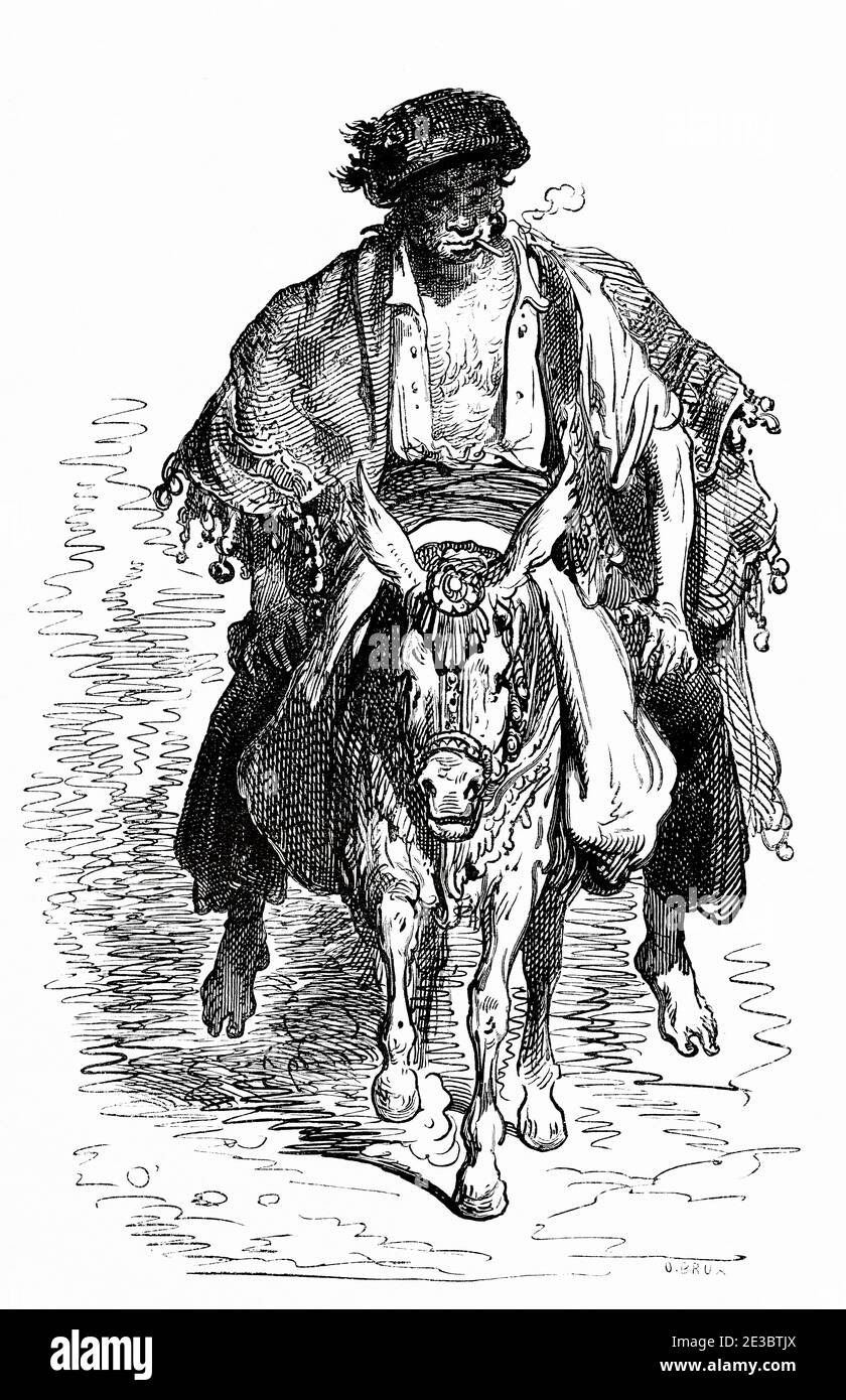 Man on a donkey, Albacete, Castilla la Mancha. Spain, Europe. Old 19th century engraved illustration, El Mundo en la Mano 1878 Stock Photo