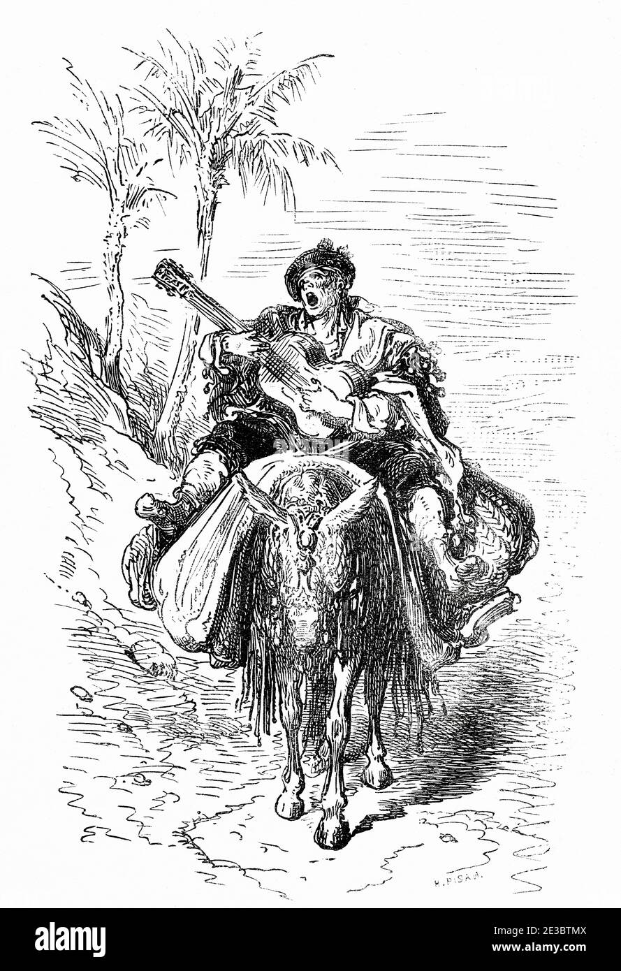 Spanish gipsy muleteer riding a donkey playing guitar and singing, Comunidad Valenciana. Spain, Europe. Old 19th century engraved illustration, El Mundo en la Mano 1878 Stock Photo
