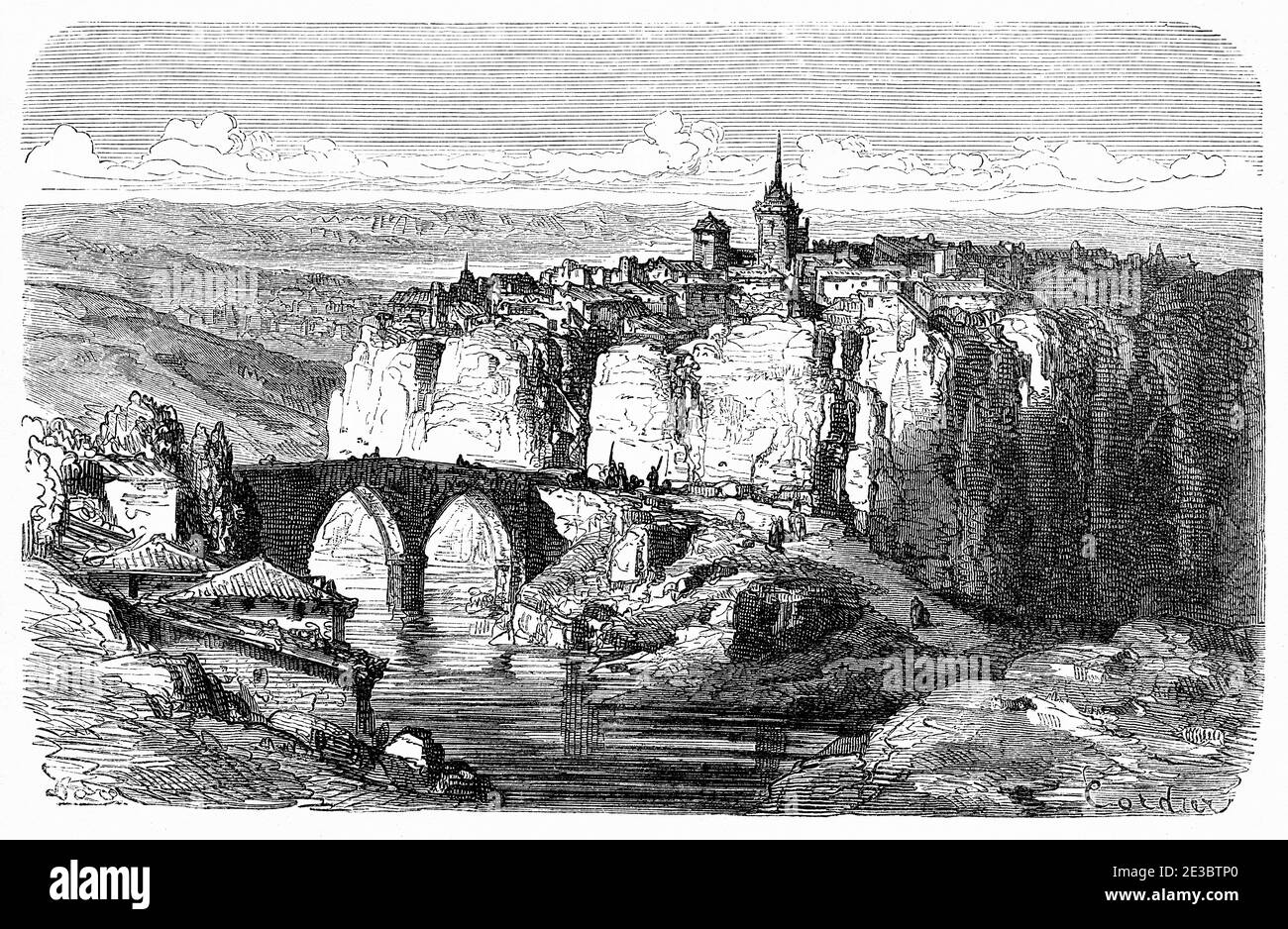 Panoramic landscape view of San Pablo bridge and the city Cuenca, Castilla La Mancha. Spain, Europe. Old 19th century engraved illustration, El Mundo en la Mano 1878 Stock Photo