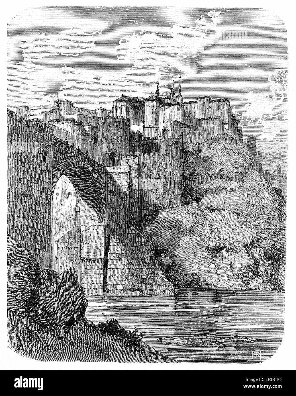 Bridge of San Martin and the city of Toledo. Castilla La Mancha. Spain, Europe. Old 19th century engraved illustration, El Mundo en la Mano 1878 Stock Photo