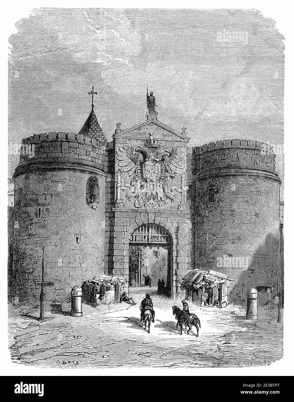 Old gateway to the city in the 19th century. Alfonso VI Gate or Old Hinge Gate. Toledo. Castilla La Mancha. Spain, Europe. Old 19th century engraved illustration, El Mundo en la Mano 1878 Stock Photo