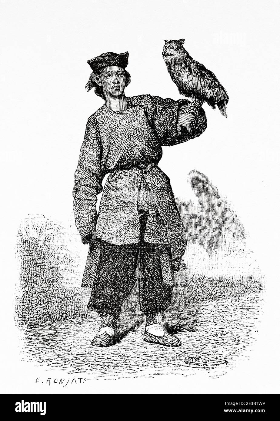 Falconer, China. Old 19th century engraved illustration, Trip to Beijing and North China 1873 Stock Photo